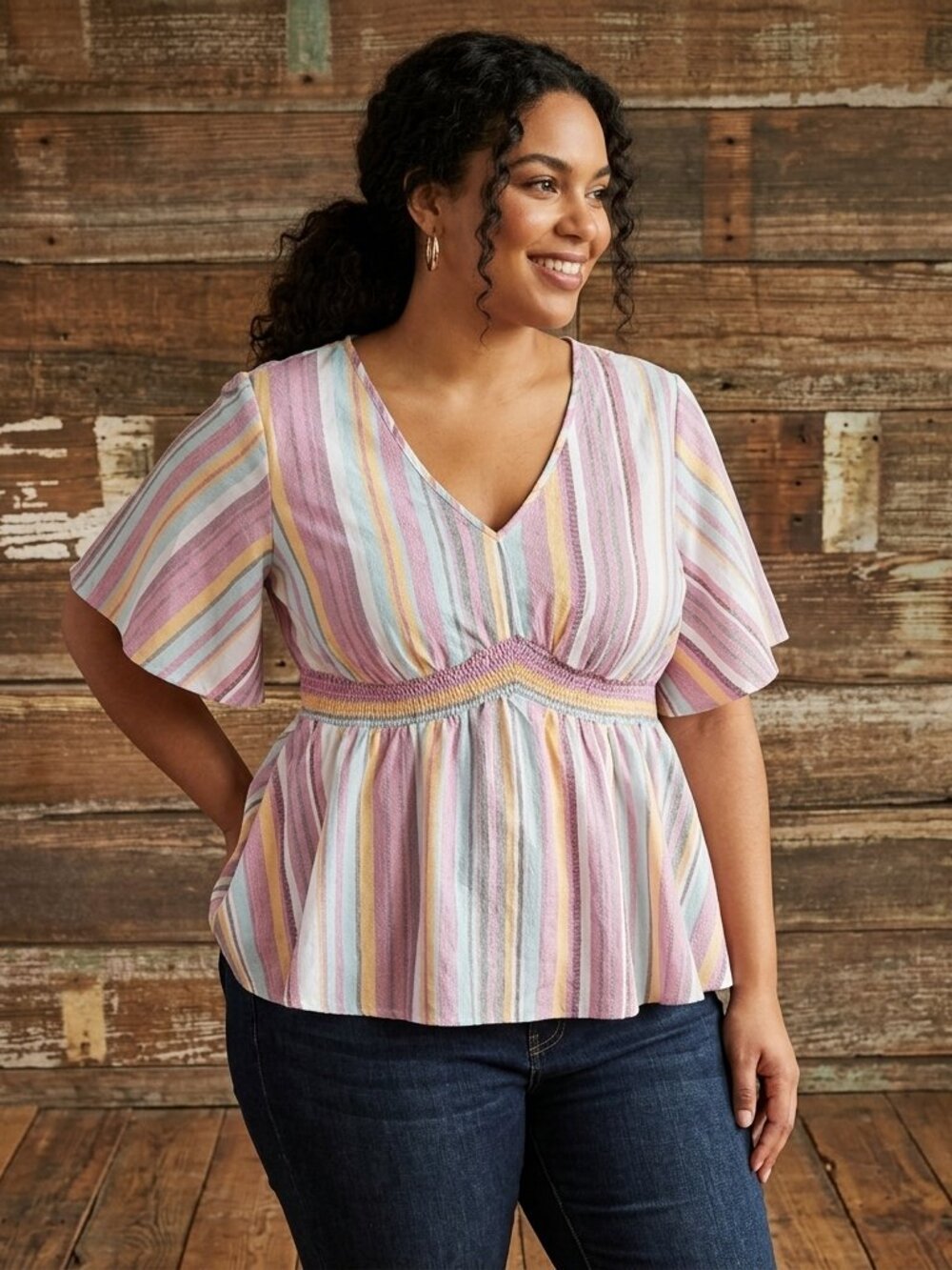 BloomChic Pastel Striped Smocked Waist Top Size 12